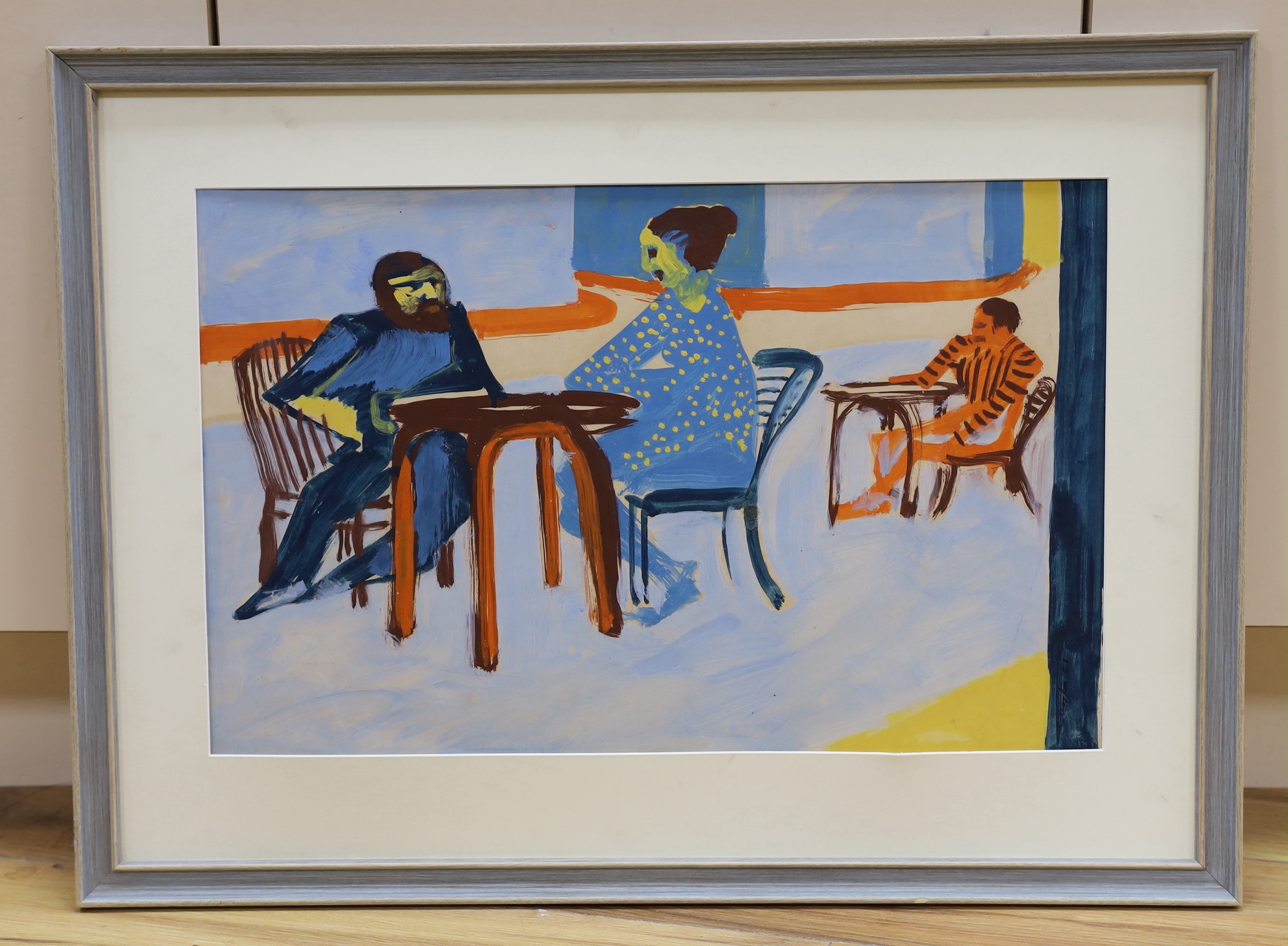 Modern British, mixed media on card, Figures seated at tables, indistinctly signed and dated '51, 33 x 52cm